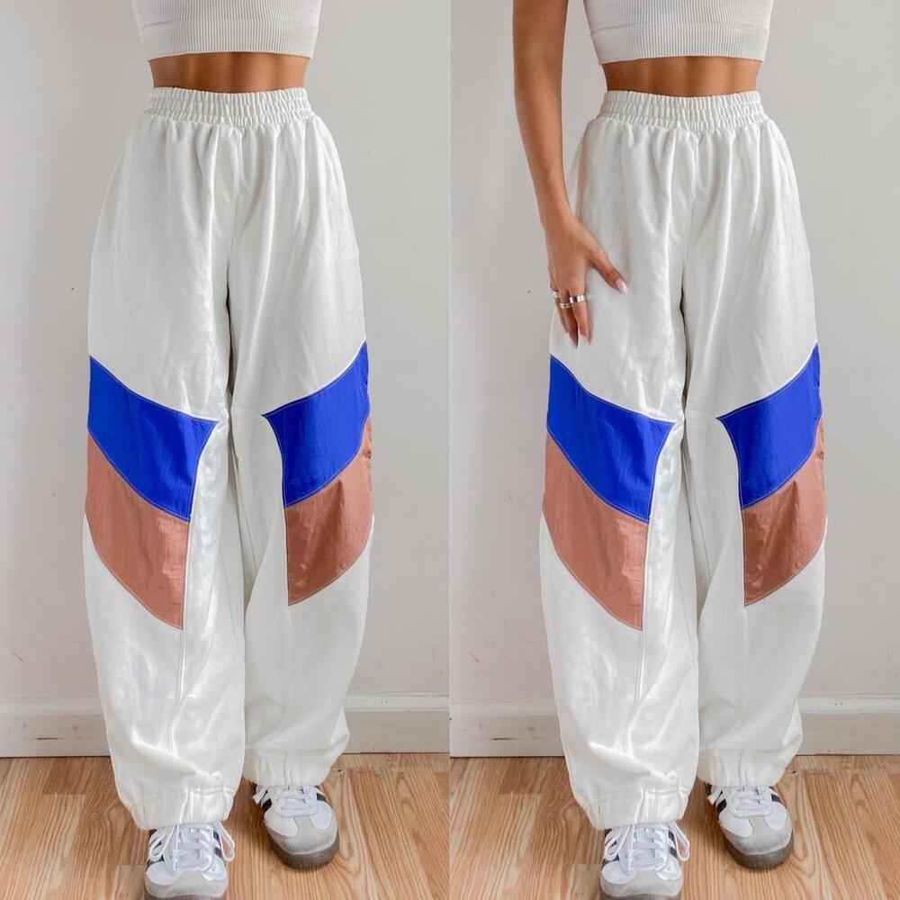 Free People White Track Joggers with Blue and Tan Panels